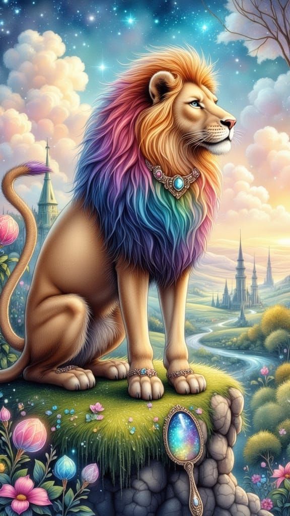 Rainbow Lion Over Candy Kingdom as Whimsical Art