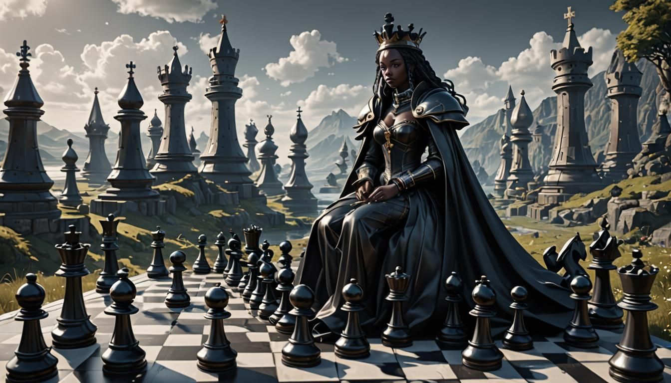 Chess themed planet populated by giant Chess pieces, black and white chequered landscape