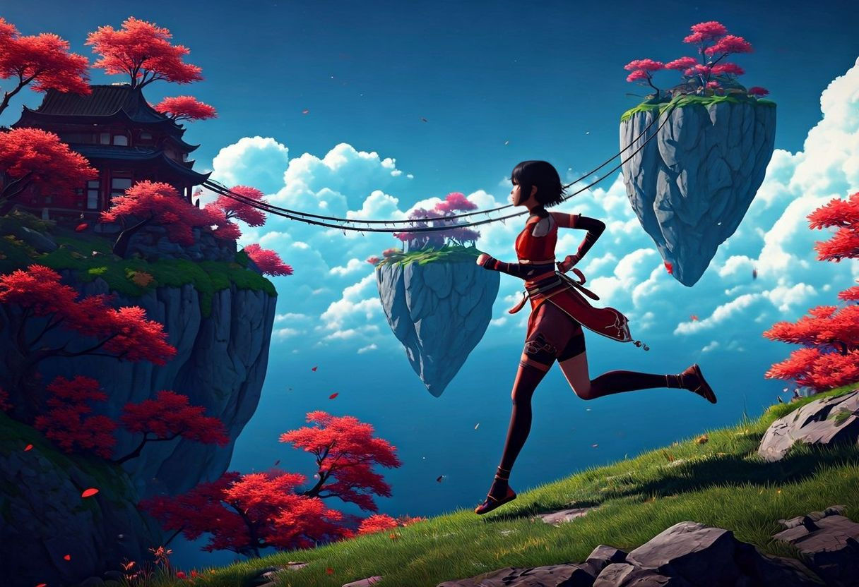 Kunoichi Running Across Bridge Between Floating Islands