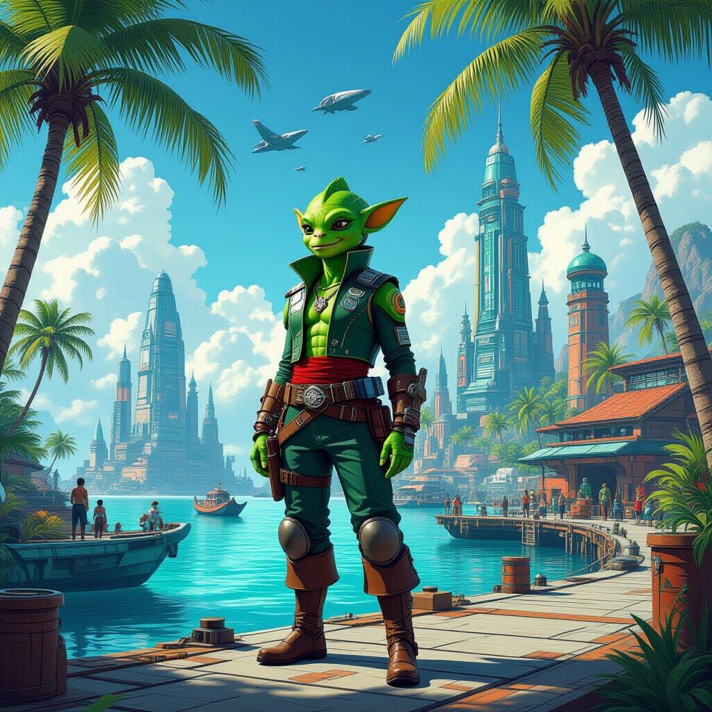 Tropical Spaceport Scene with Alien Pirate, in Sci-Fi Style