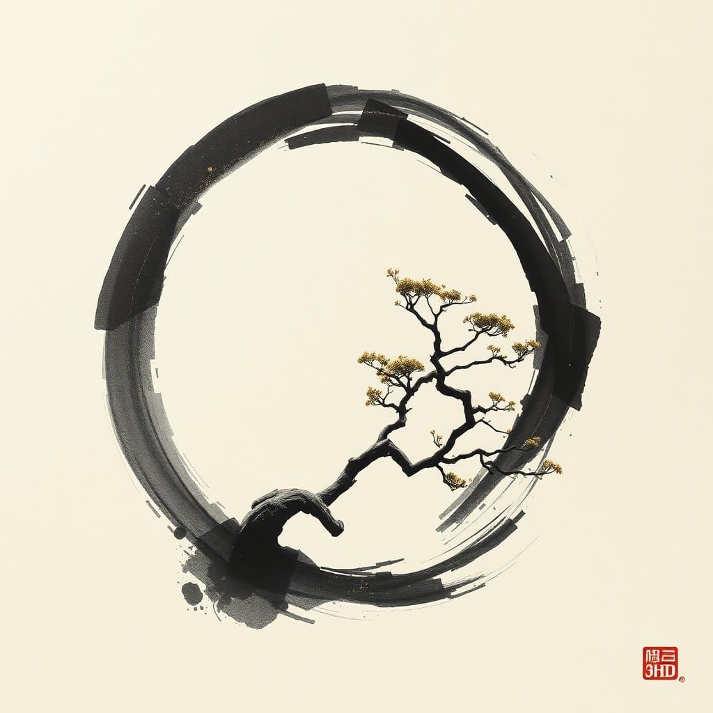 Zen Bonsai with Rainbow Enzo Circle in Mixed Media