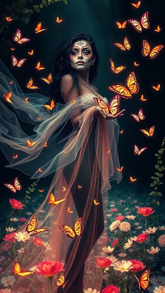 Woman in Día de los Muertos Face Paint in Surreal Dreamscape