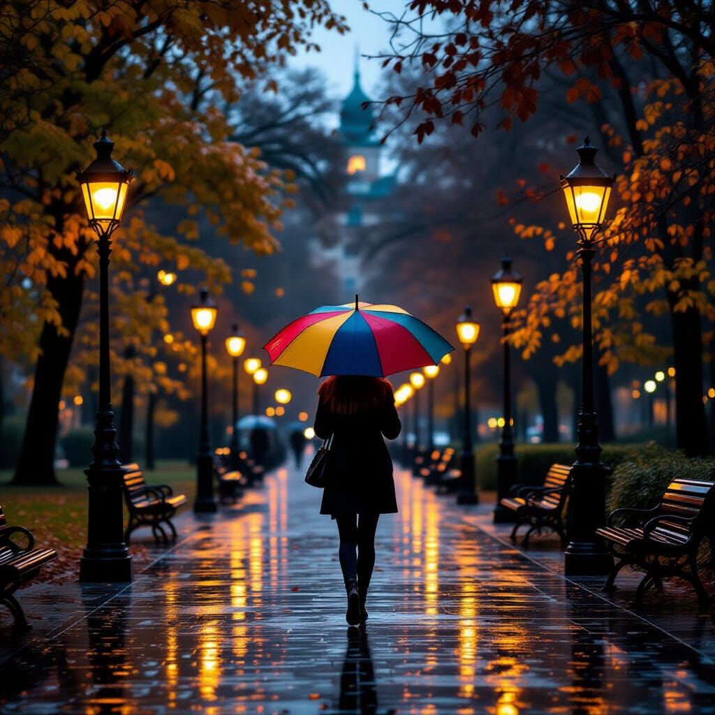 Rainy Autumn Park Scene with Glowing Lamps