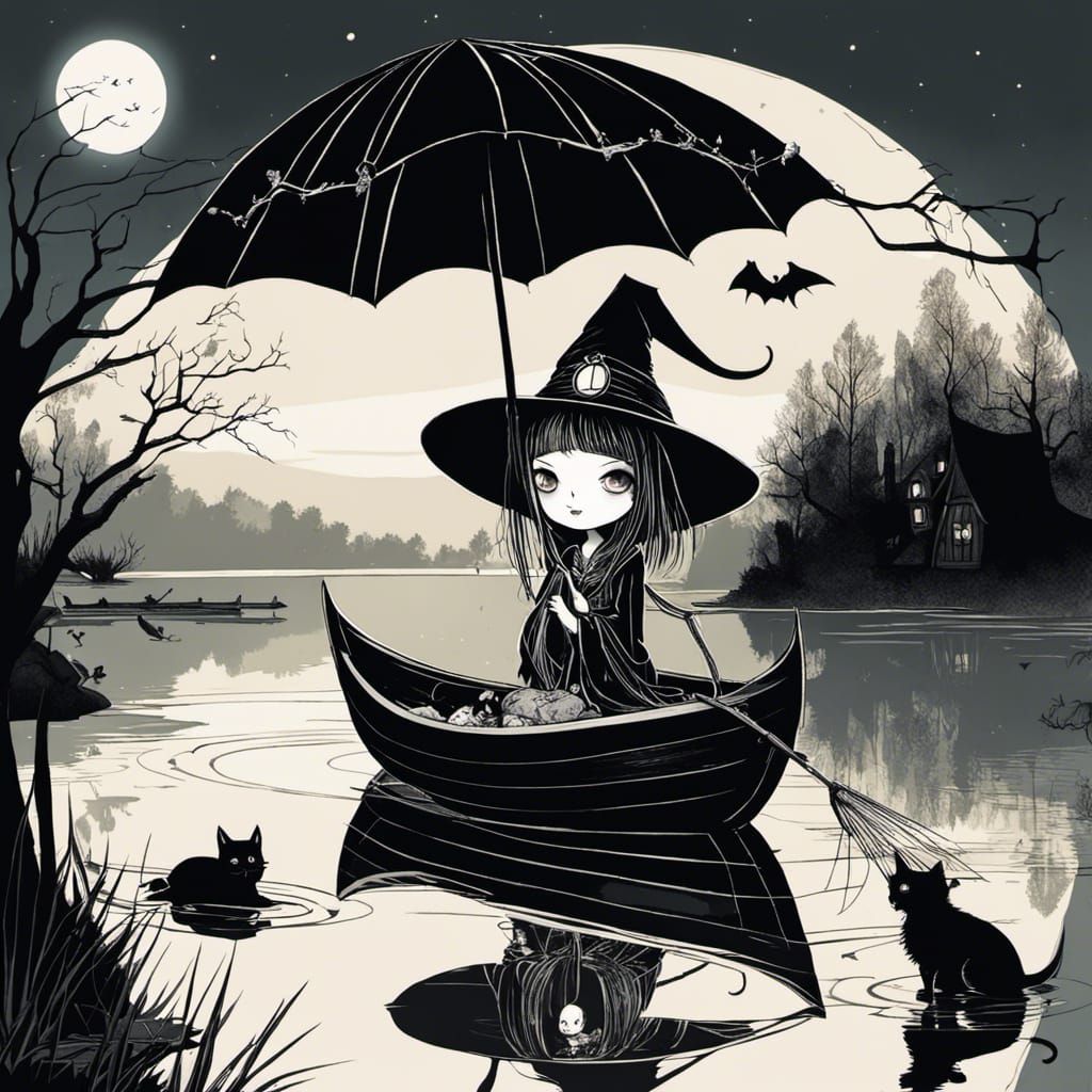 Gothic Witch on a Lake at Night