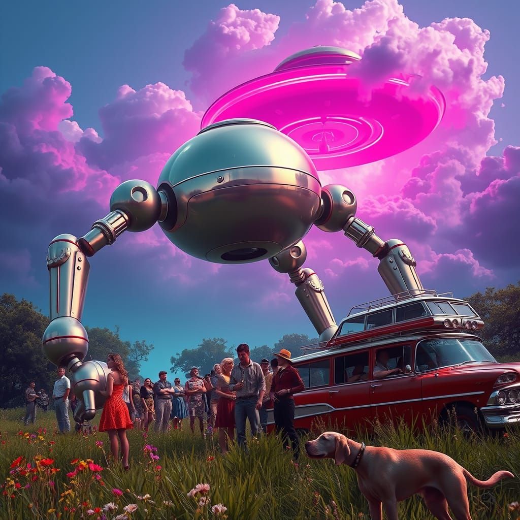 Retro-Futuristic Robot Invasion in Emerald Clearing