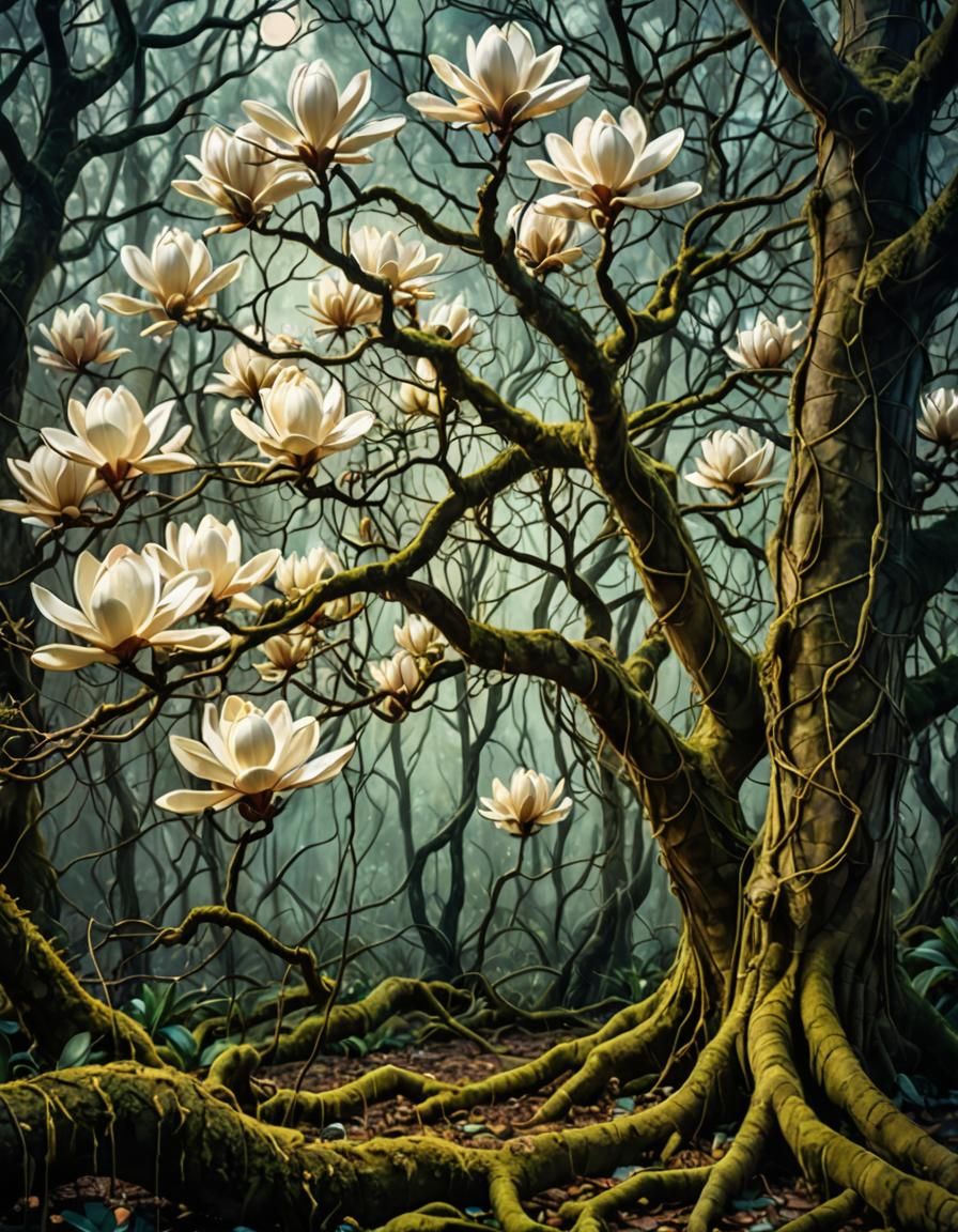 Mystical Magnolia Tree in Dreamlike Forest, Whispers of Exis...