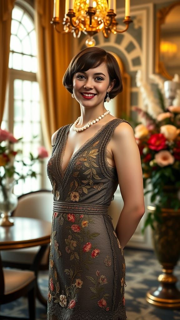 Flapper Era Woman in Art Deco Room with Flowers