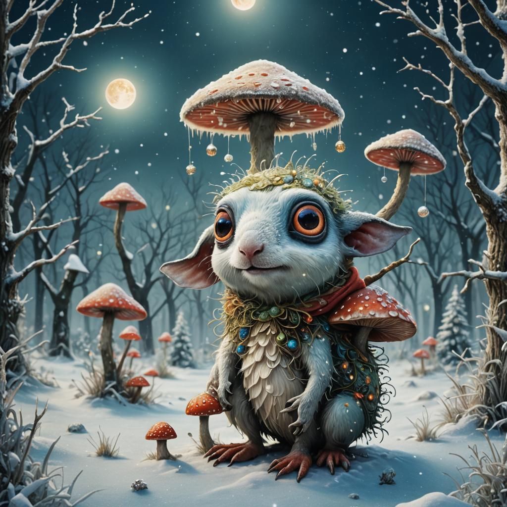 Bosch-Inspired Fey Creature in Winter Wonderland