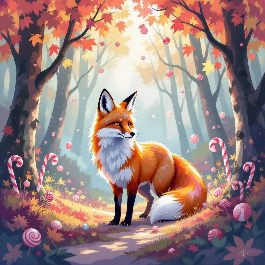 Mythical Fox Spirit in Candy-Colored Autumn Grove
