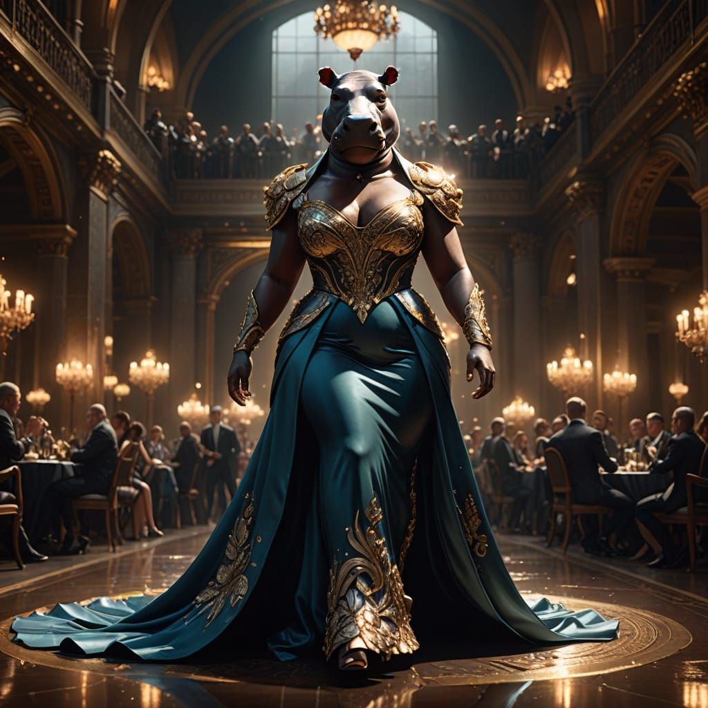 Confident Hippo Struts Down the Runway in Elegant Evening At...