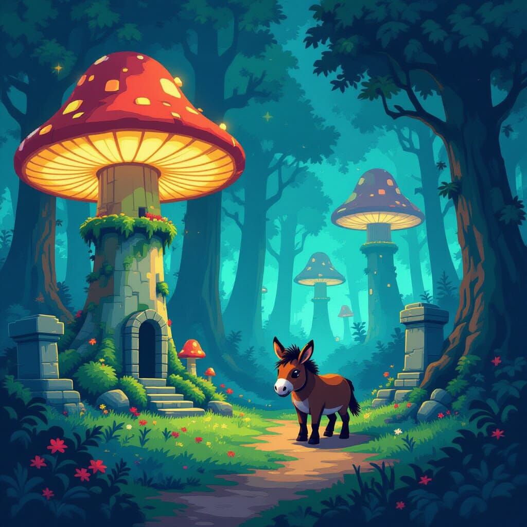 Donkey Protagonist in 16-Bit Pixel Art Forest