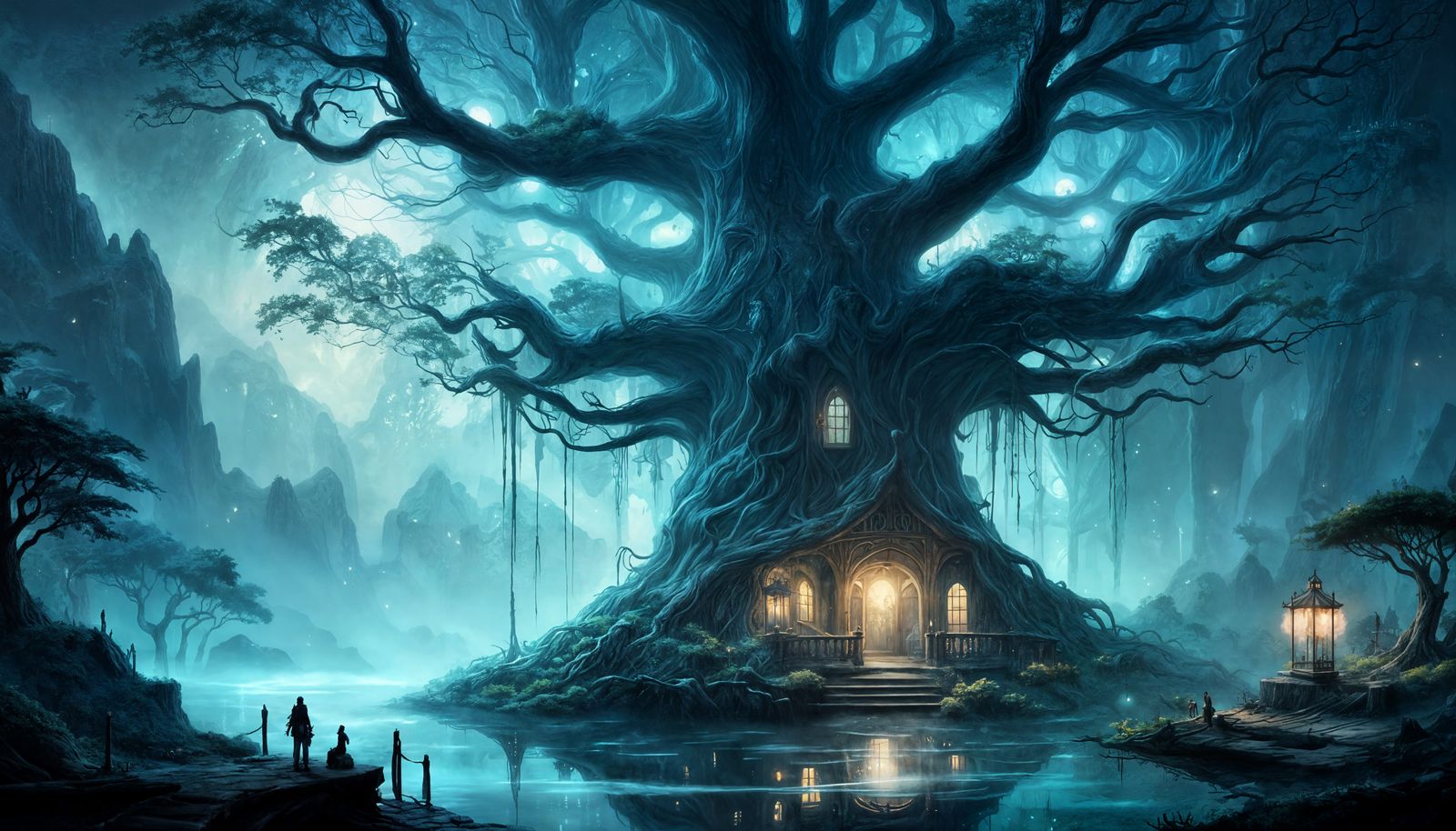 Fantasy Concept Art: Magical Treehouse Café in Misty Forest