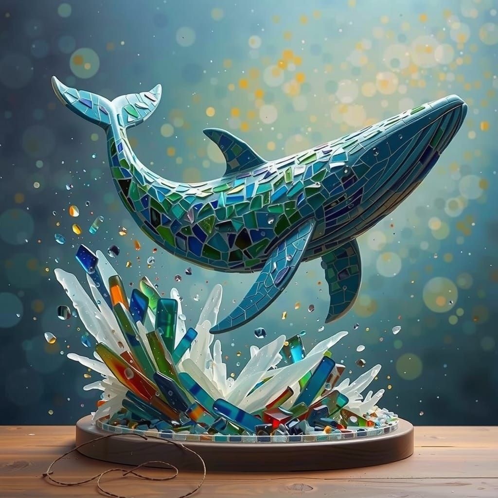 Majestic Whale Sea Glass Sculpture in Oil Painting Style
