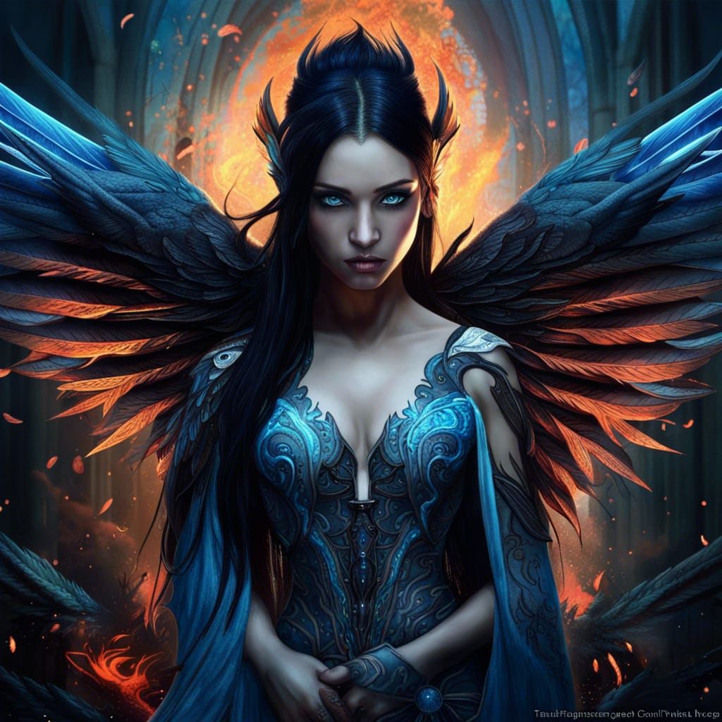 Winged Goddess with Black Fire Tattoos