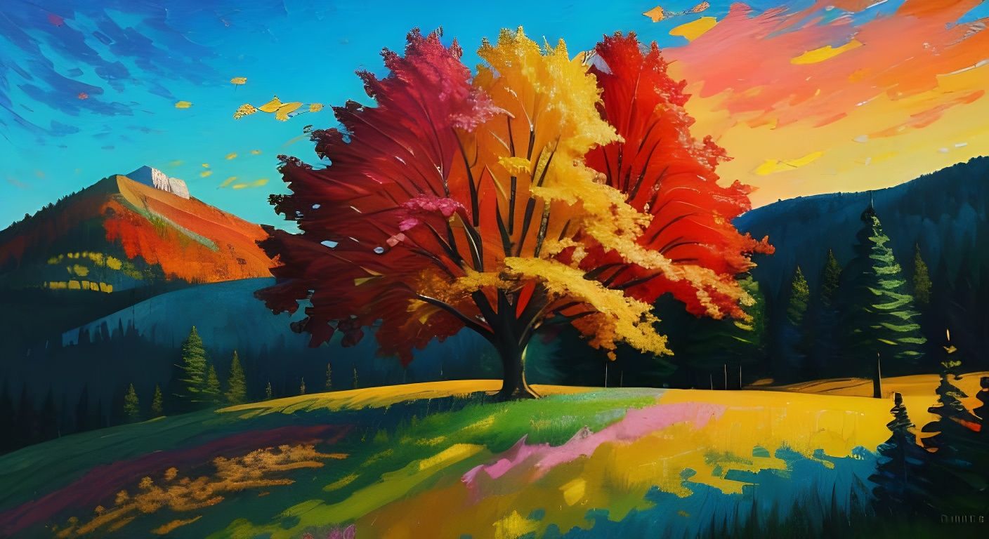Vibrant Impasto Autumn Tree on a Hill