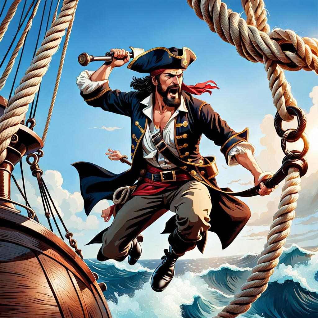 Pirate Attack: Swashbuckler Swinging to Board Ship