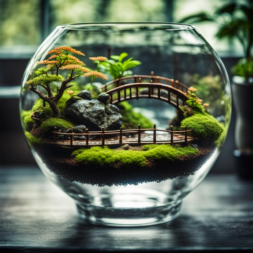 Japanese Terrarium with Bridge in Glass Bowl