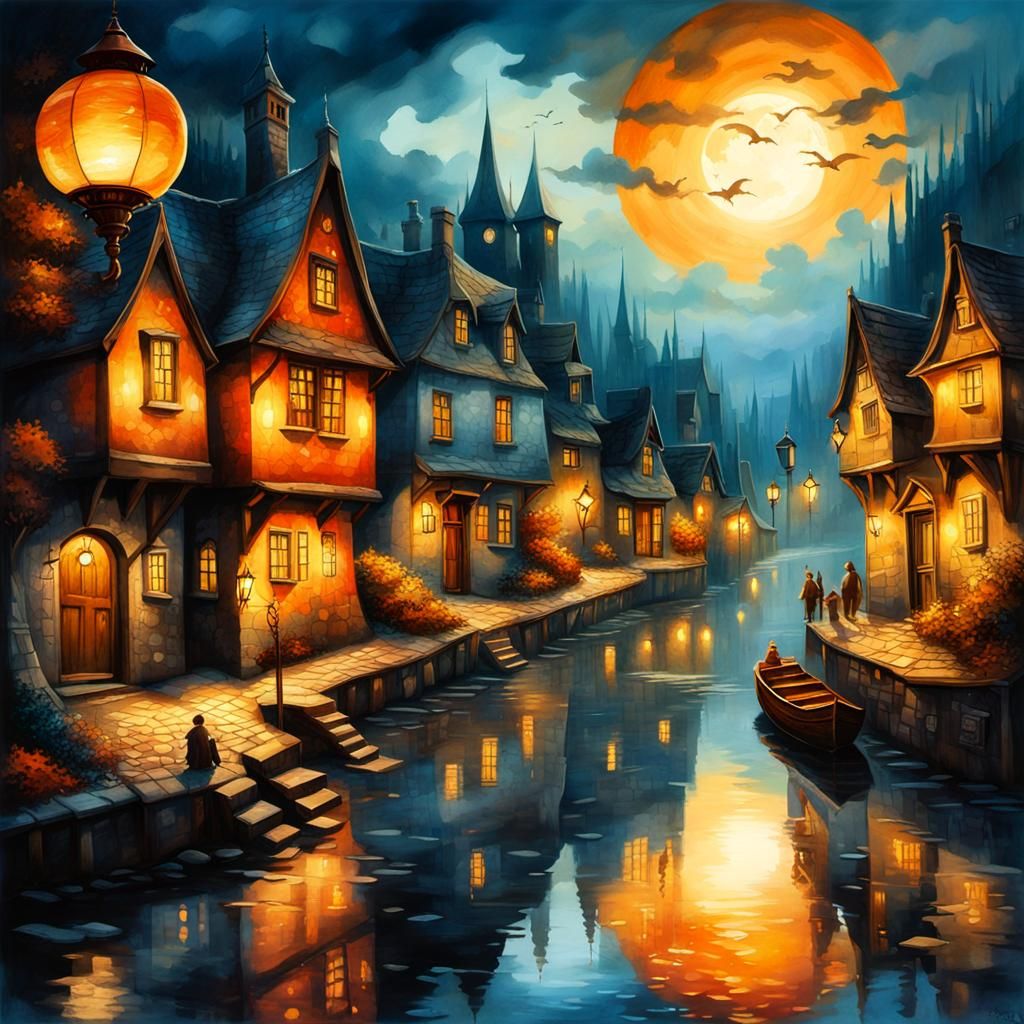 Rainy Street Scene in Misty Village at Dusk