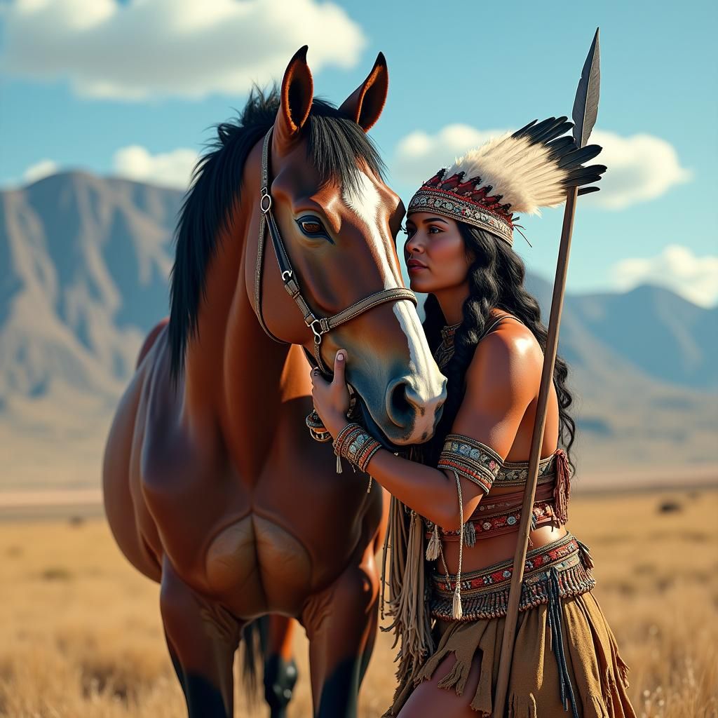 Native American Woman and Horse: Hyperrealistic Digital Art