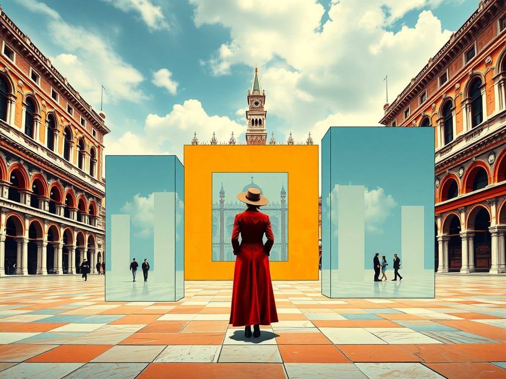 Surreal Venice Square in Retro Futuristic Style