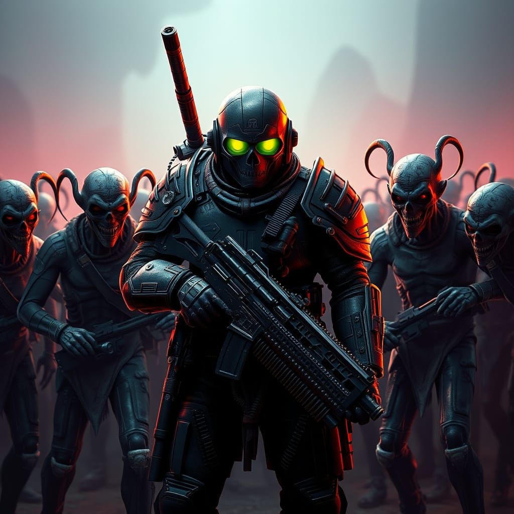 Vault-Dweller Soldier in Heavy Power Armor Faces Cyberpunk W...