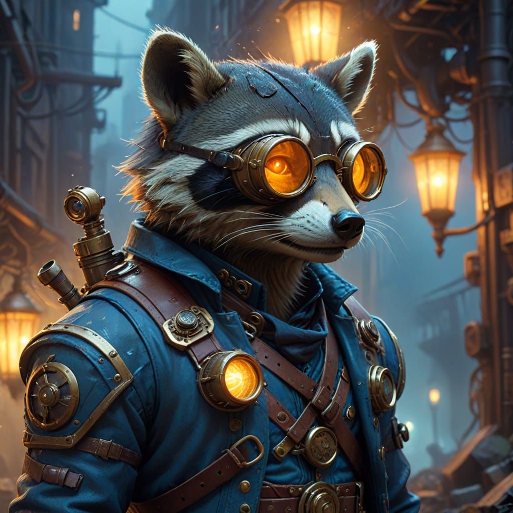 Steam Punk Raccoon in Industrial Metropolis