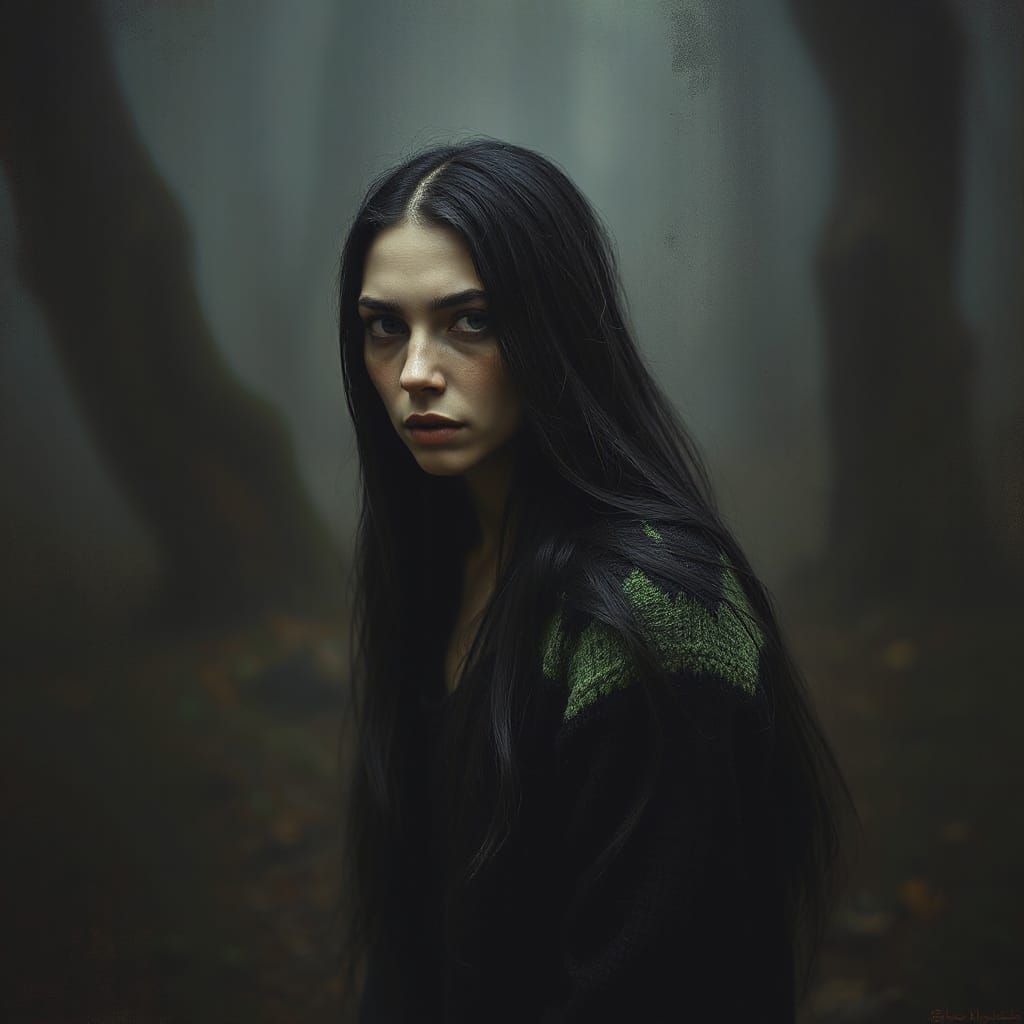 Unhappy Woman with Long Black Hair in Dark Jumper