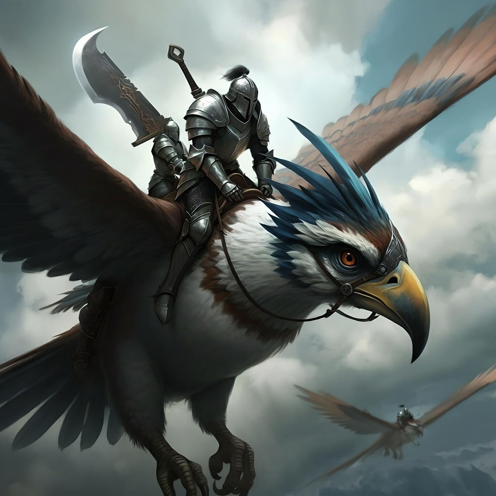 Armored Warriors on Giant Bird in High Fantasy Battle