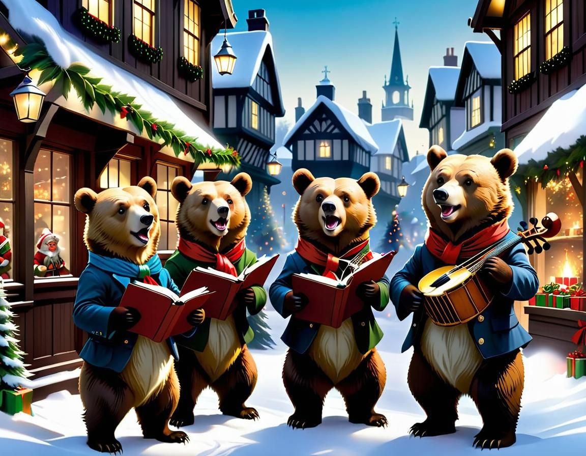 Bear Cubs Caroling in a Christmas Wonderland