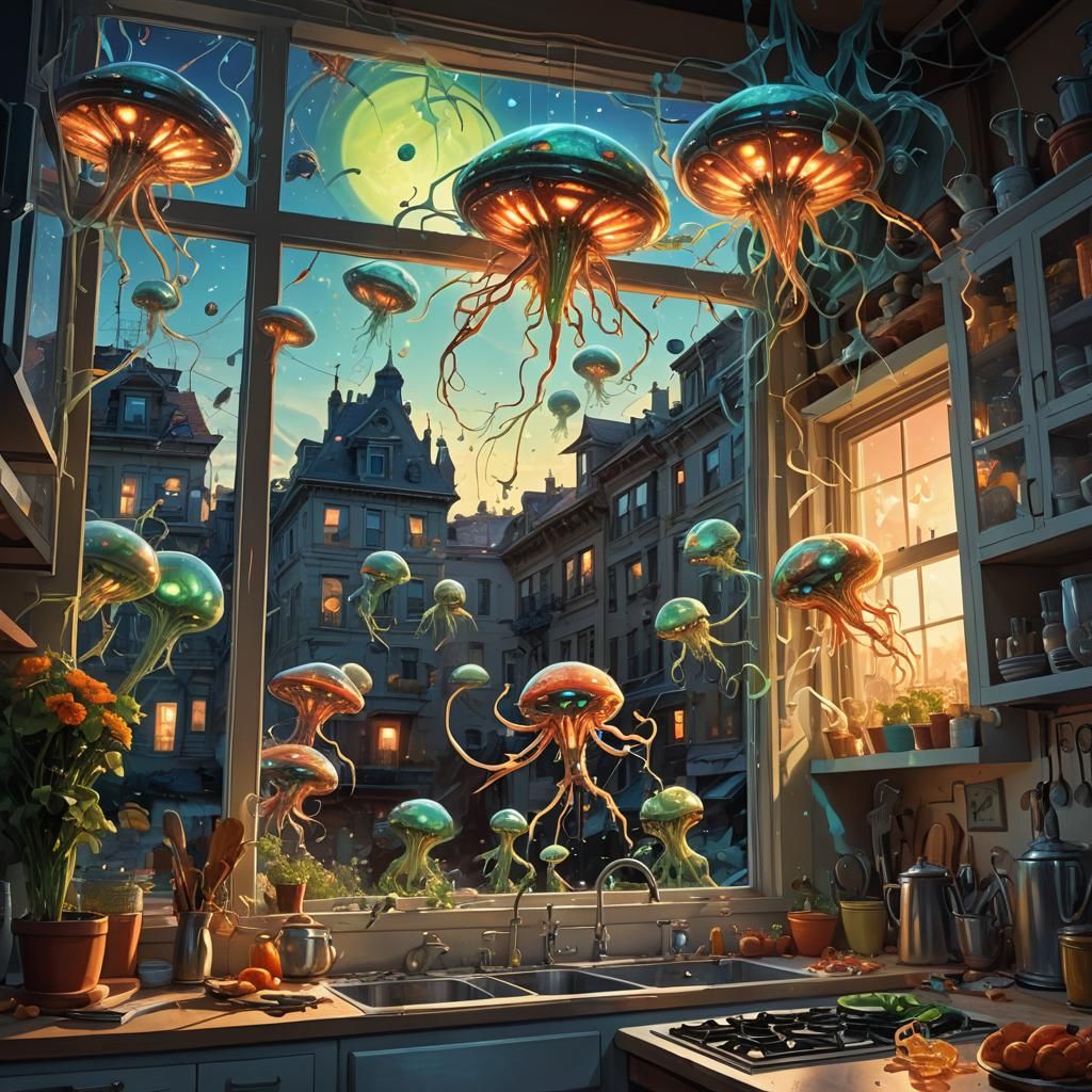 Giant Aliens Invade Kitchen Window in Surreal Style