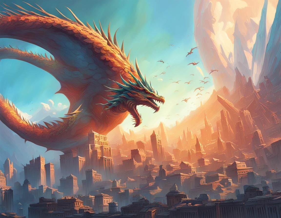 Dragon Soaring Over Ancient City in Sci-Fi Style