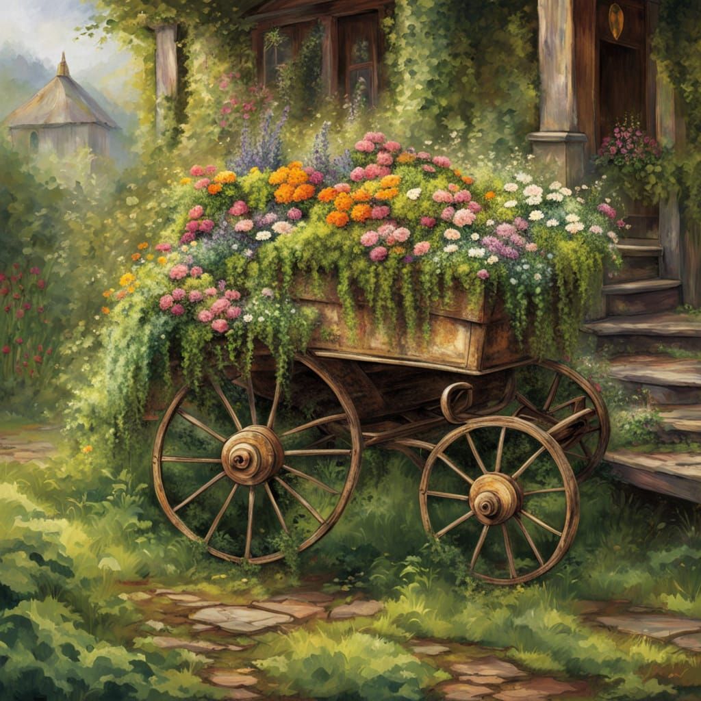 Rustic Shopping Cart Reclaimed by Nature, Impressionism