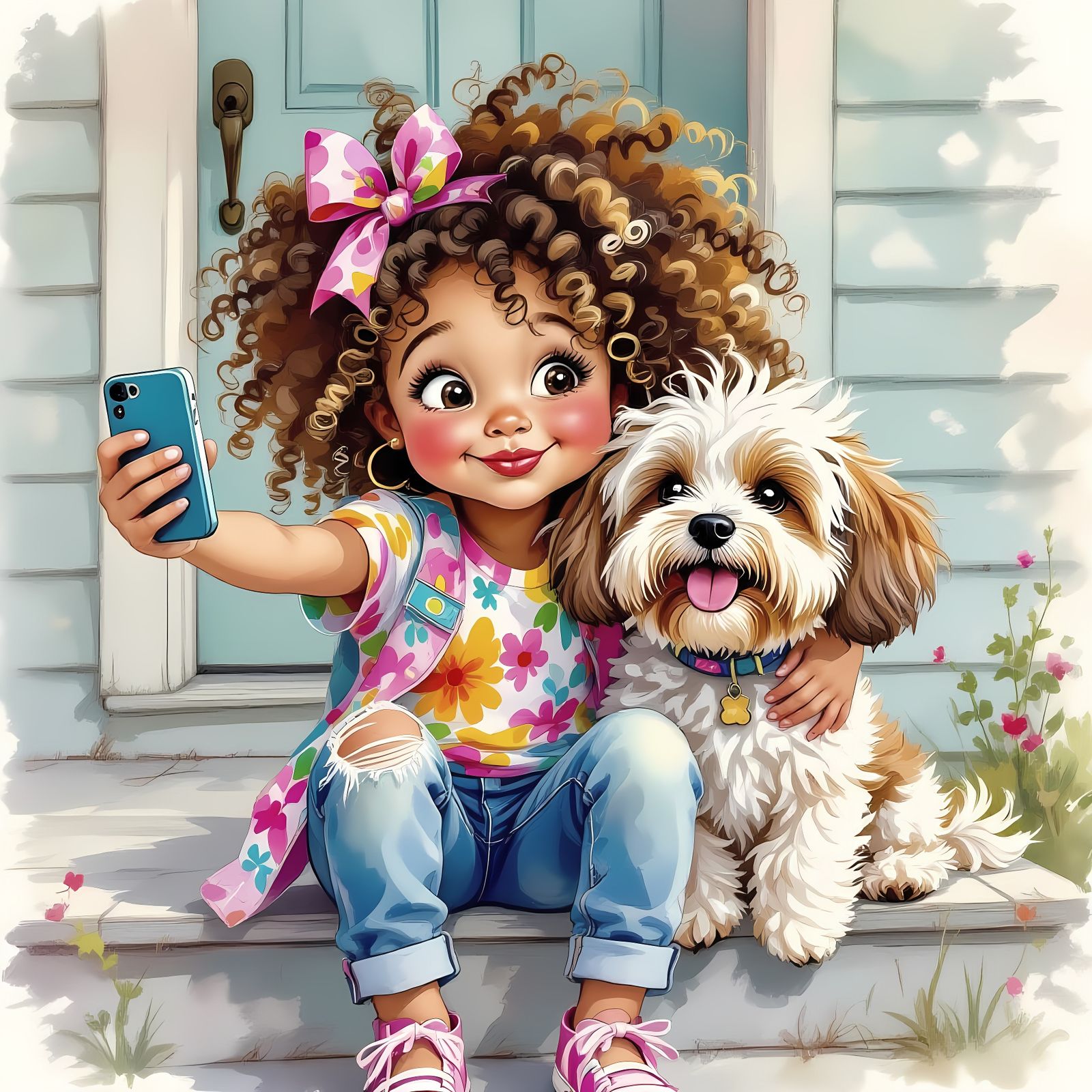 Humorous Watercolor of Girl and Dog Taking Selfies