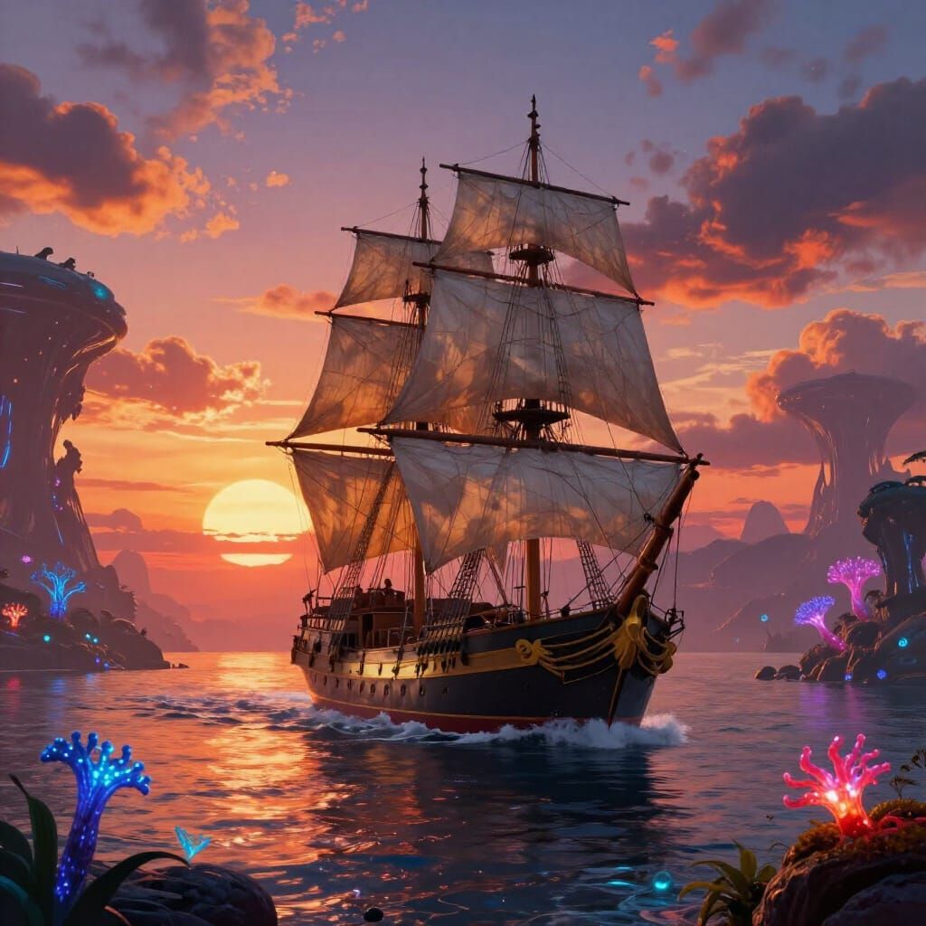 Tall Ship Sails Towards Alien Sunset in Digital Matte Painti...