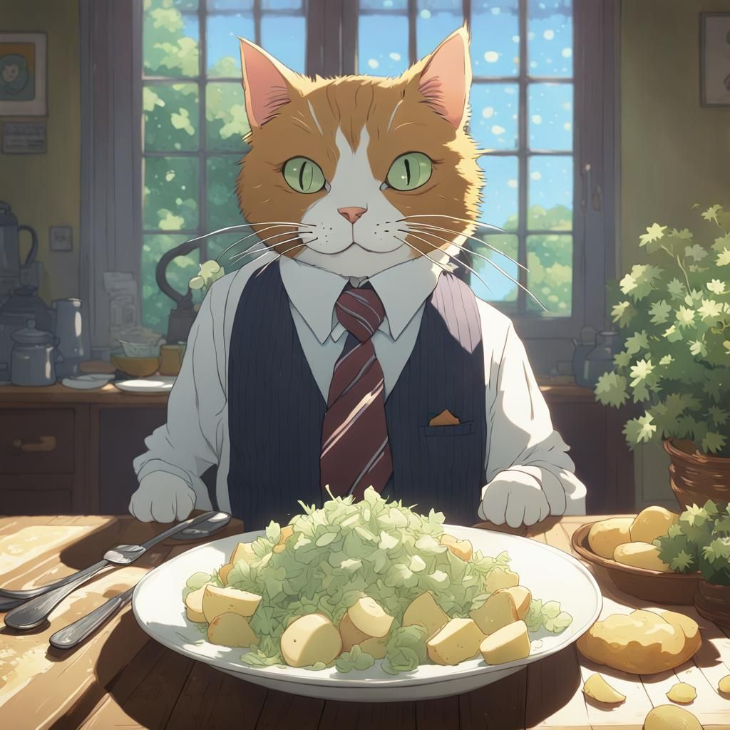Cat in Tie Eating Salad, Studio Ghibli Style