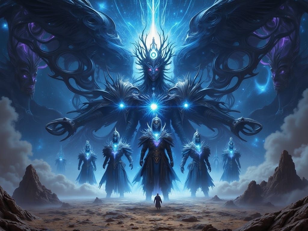 Obsidian Figures in Electric Blue Energy on Alien Planet