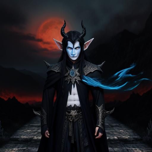 Elven Demon with Horns, Blue Eyes, Black Hair