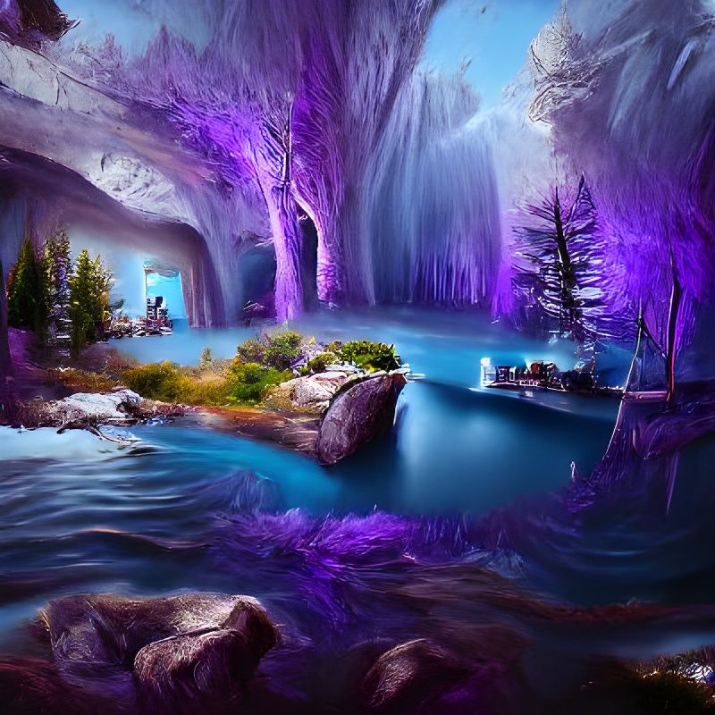 Purple Crystal Cave with Blue Lake, Fantasy Art