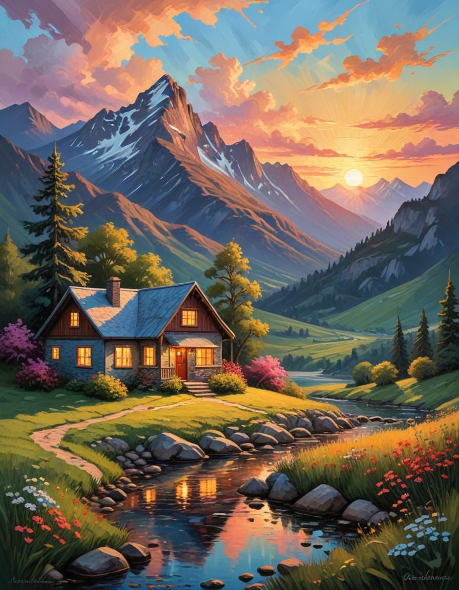 Mountain Sunset Tranquility in Vibrant Impasto Colors