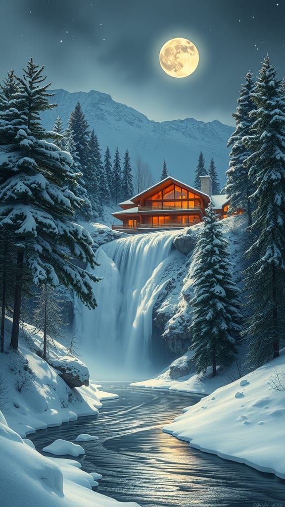 Modern Log Home Above Frozen Waterfall, Surreal Oil Painting