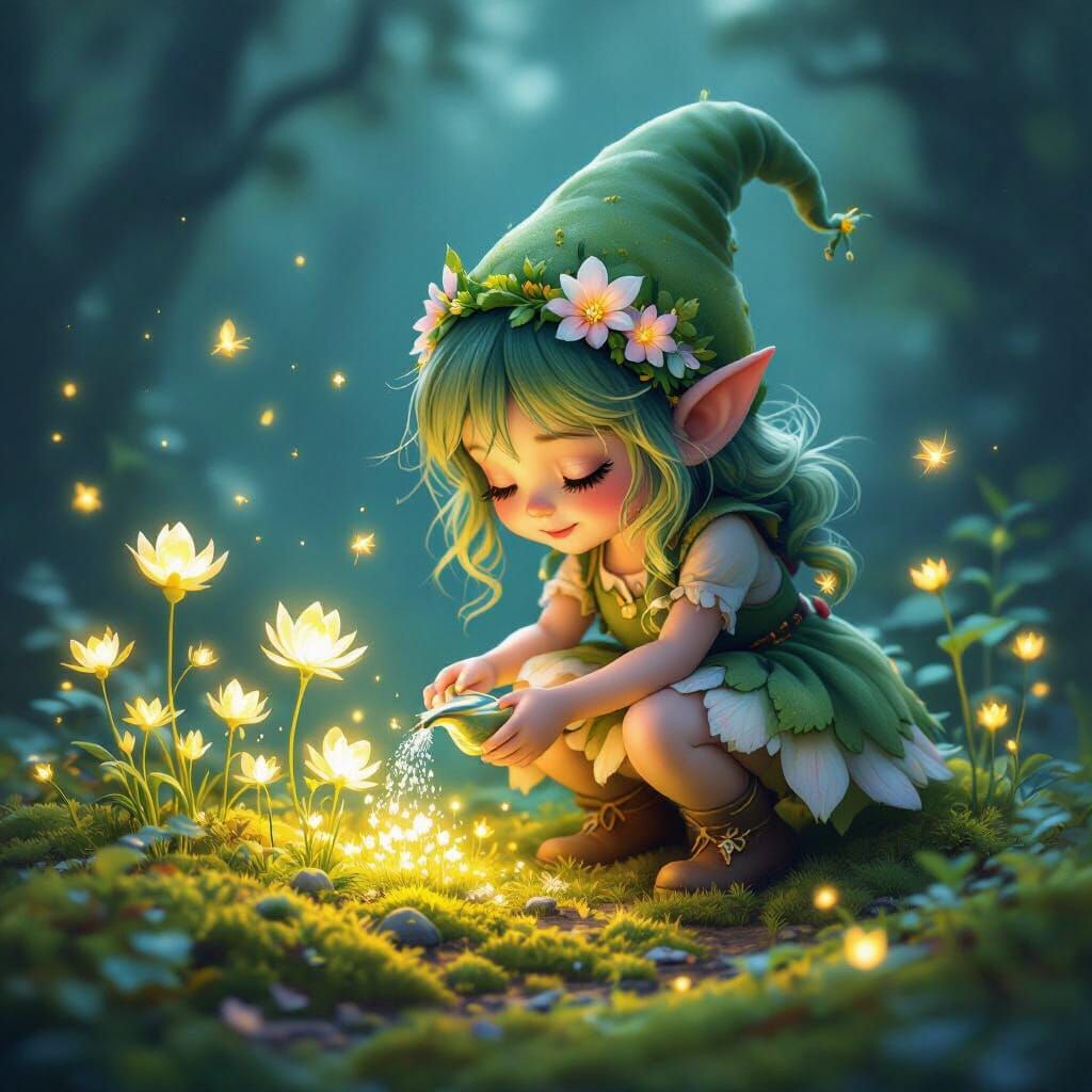 Whimsical Gnome Girl Tends Glowing Bioluminescent Garden