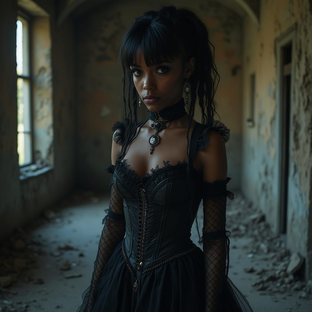 Gothic Woman in Abandoned Building, Photorealistic Style