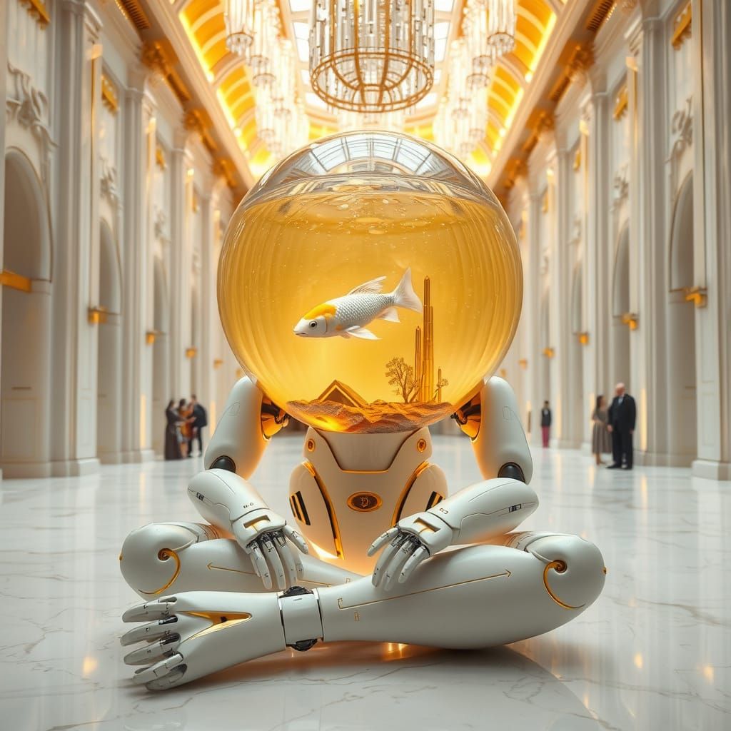 Robot in Grand Hall with Golden Ornamentation