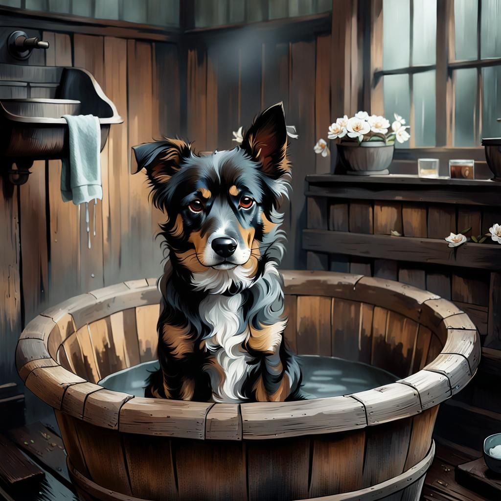 Gloomy Dog Bathtime in Muted Colors