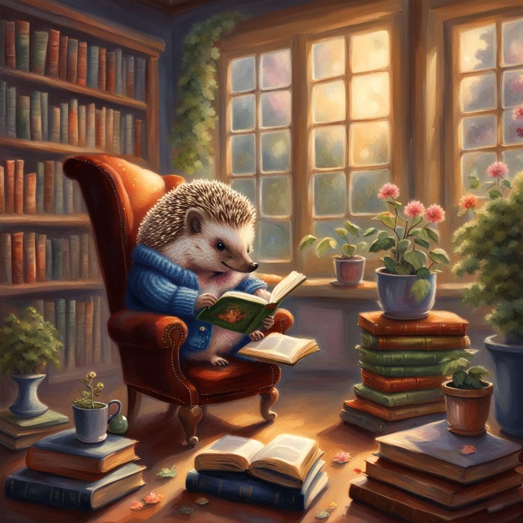 Hedgehog Reading in Cozy Library, Ethereal Fantasy Art
