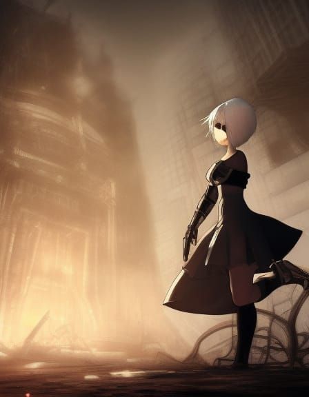 2B Contemplation in Post-Apocalyptic Ruins as 3D Digital Art