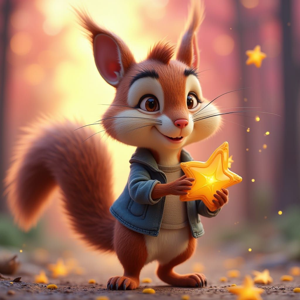 Mischievous Squirrel Stealing Stars in Pixar Style