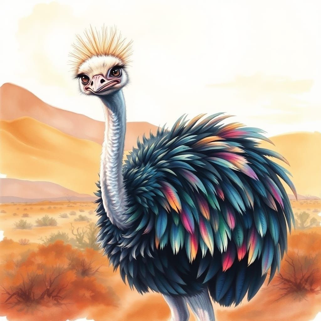 Majestic Ostrich Portrait in Watercolour Style