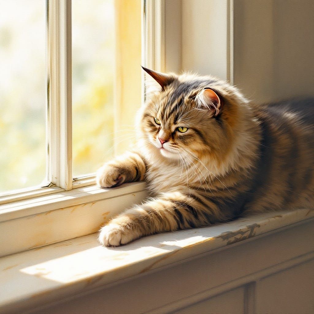British Shorthair Lounging in Sunlight: Watercolor Style
