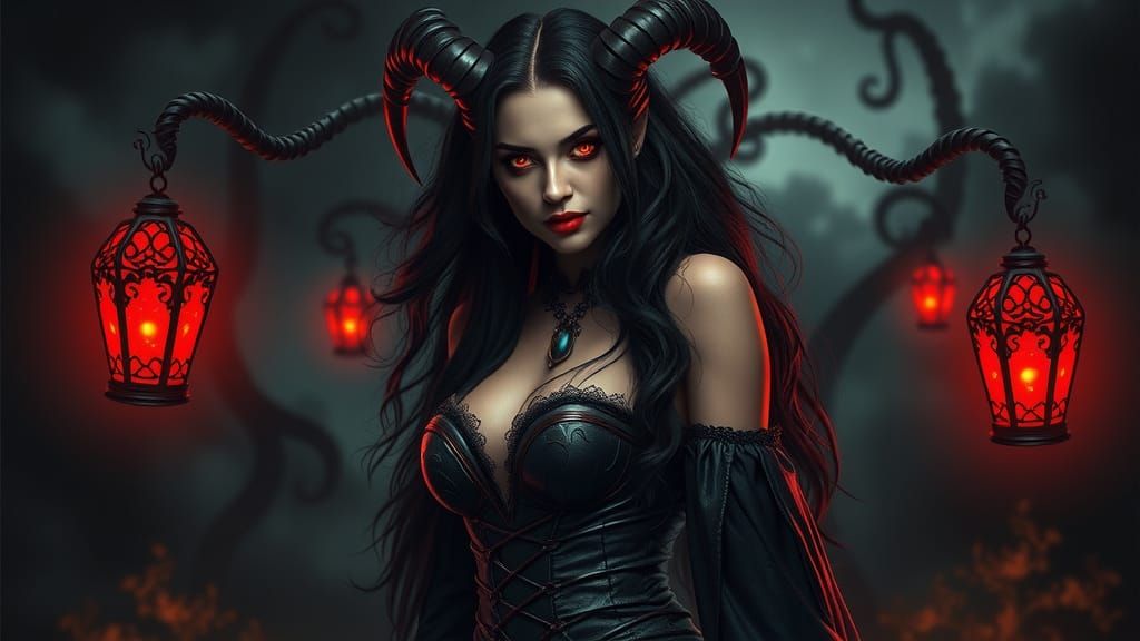 Ethereal Demoness with Red Glowing Eyes, Dark Seduction, and...